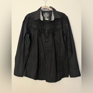 Roar | Believe button down black embroidered cross shirt Men’s size M goth punk